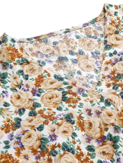 Discount Retro Stage 1960s Floral Flared Long Sleeve Dress With Belt Beige