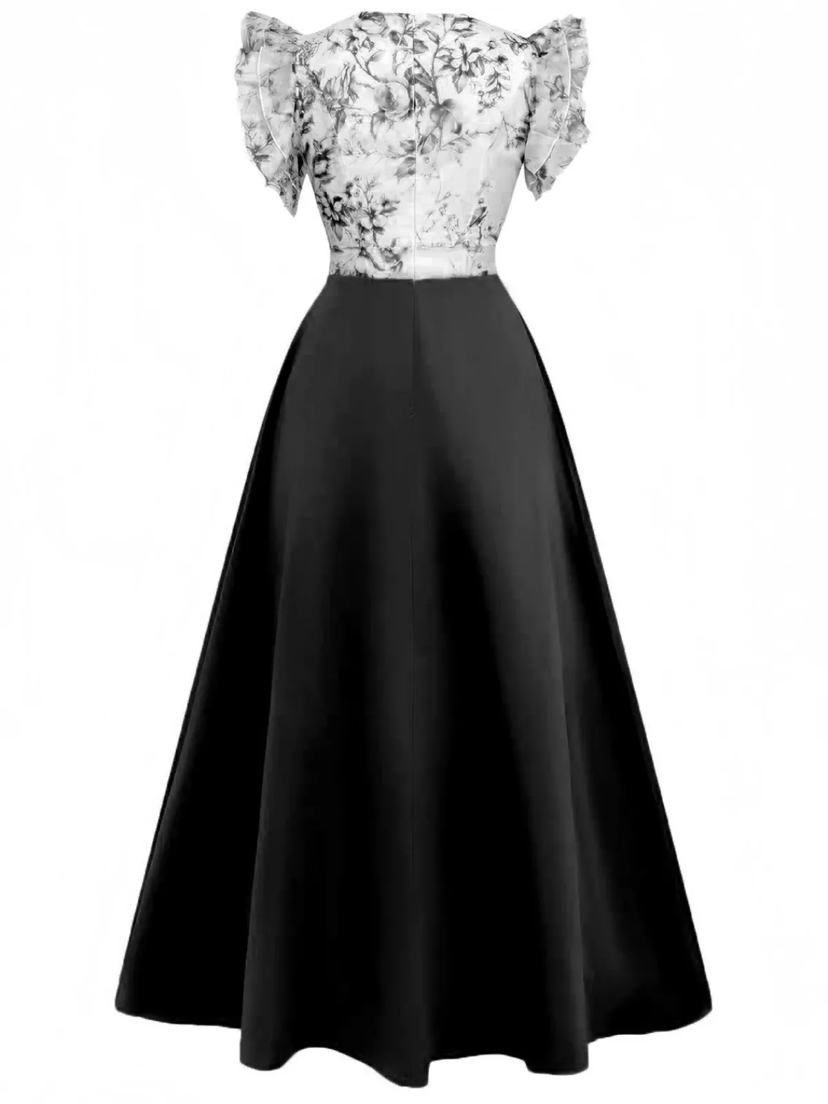 Online Retro Stage 1930s Floral Flounce Sleeve V-Neck Patchwork Dress