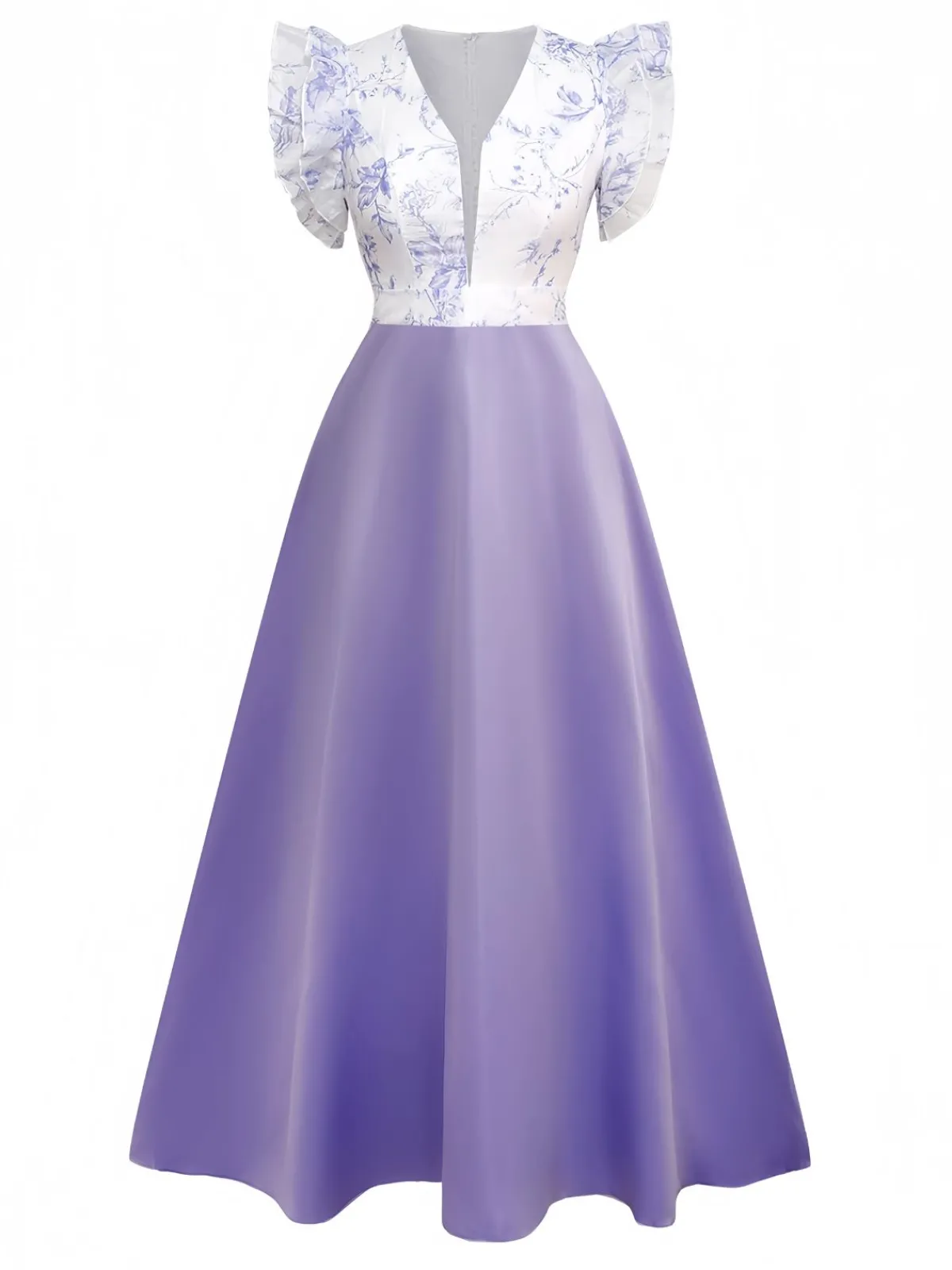 Online Retro Stage 1930s Floral Flounce Sleeve V-Neck Patchwork Dress