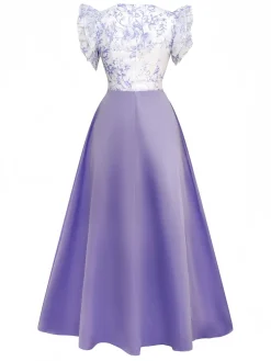 Online Retro Stage 1930s Floral Flounce Sleeve V-Neck Patchwork Dress