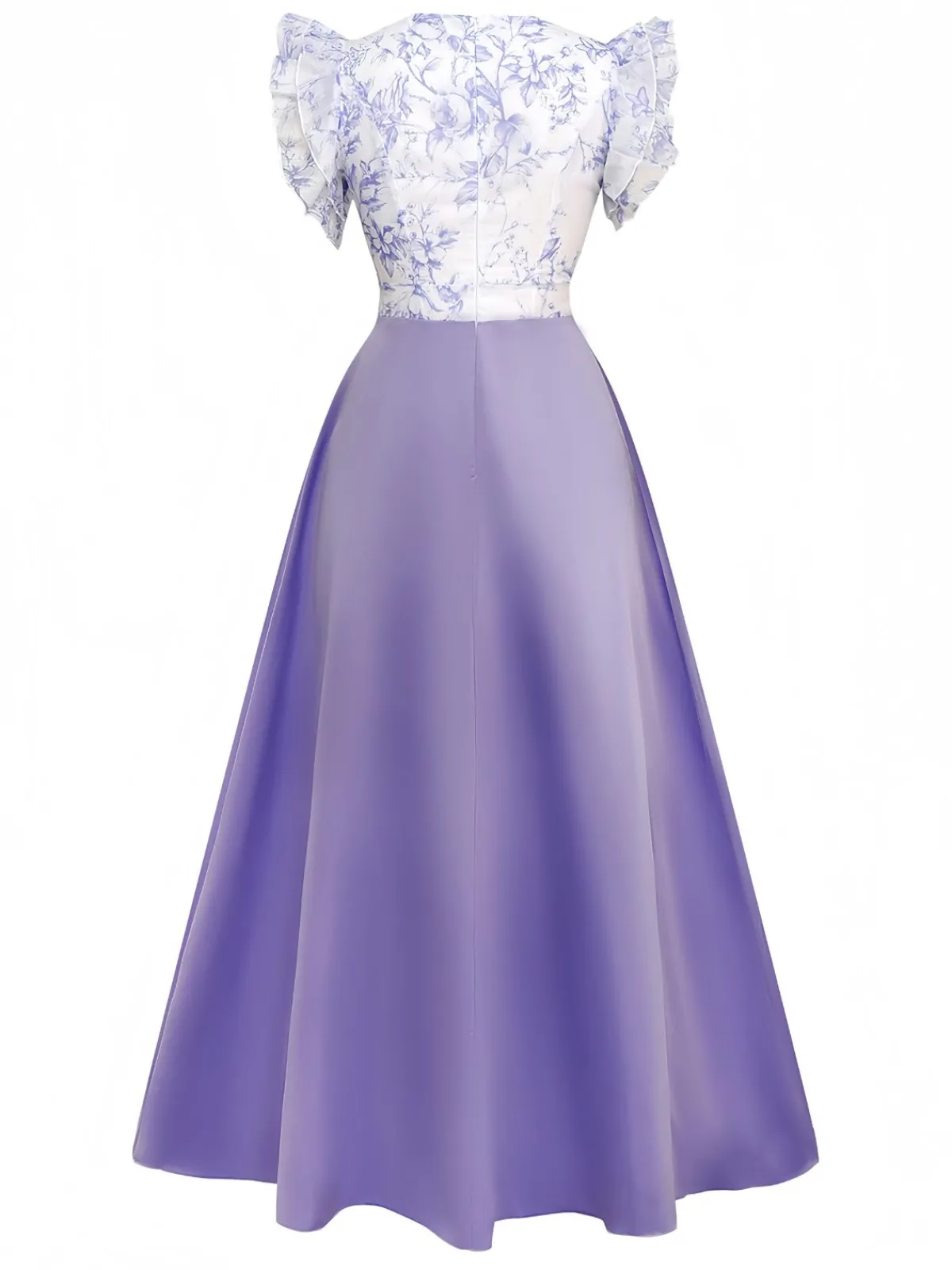 Online Retro Stage 1930s Floral Flounce Sleeve V-Neck Patchwork Dress