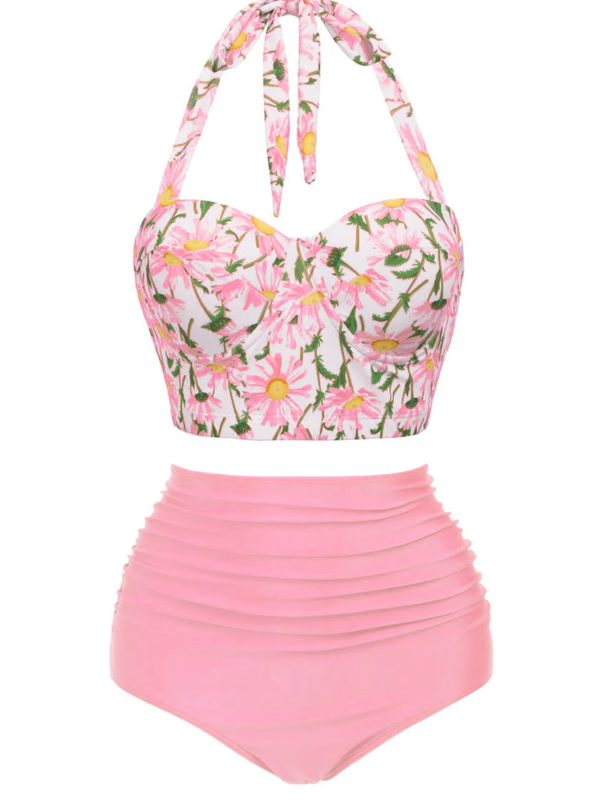Online Retro Stage 1950s Floral Halter Lace-up Bikini Set