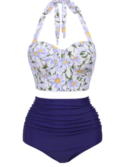 Online Retro Stage 1950s Floral Halter Lace-up Bikini Set