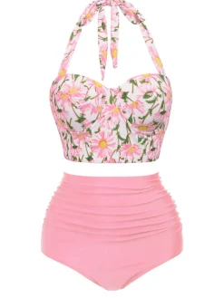 Clearance Retro Stage 1950s Floral Halter Lace-up Bikini Set