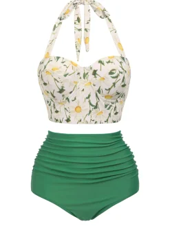 Best Retro Stage 1950s Floral Halter Lace-up Bikini Set