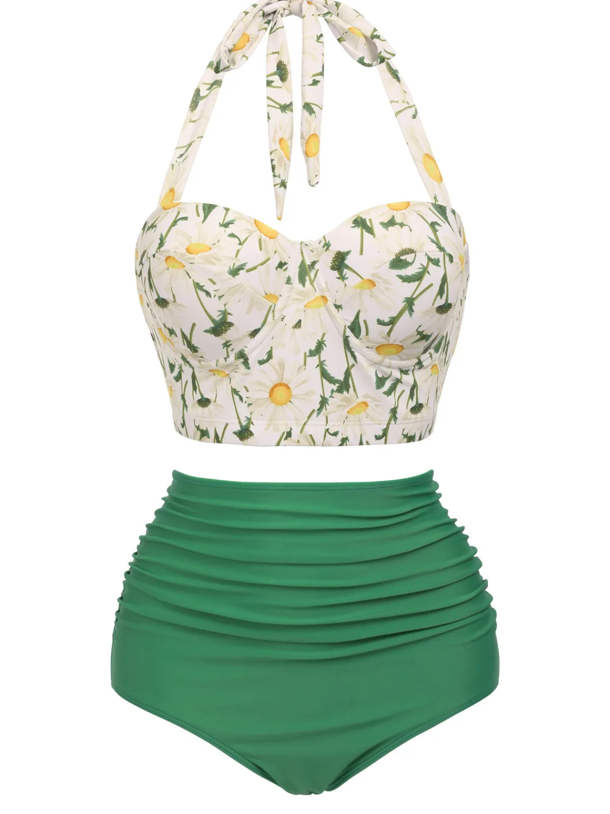 Best Retro Stage 1950s Floral Halter Lace-up Bikini Set