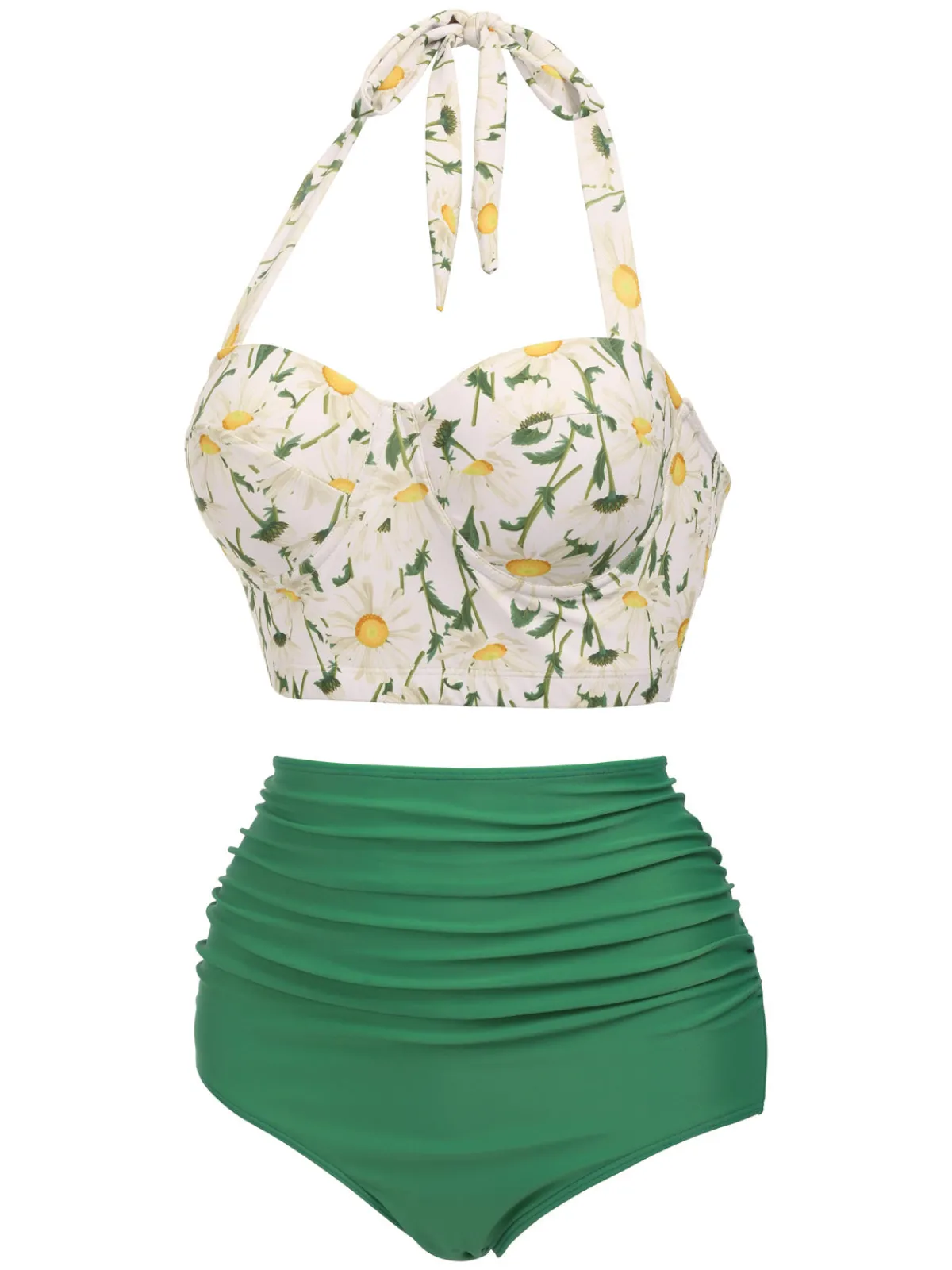 Best Retro Stage 1950s Floral Halter Lace-up Bikini Set