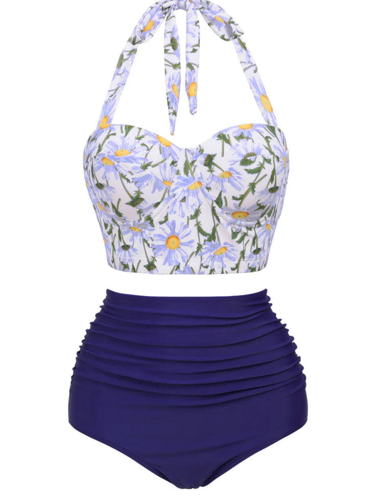 Best Retro Stage 1950s Floral Halter Lace-up Bikini Set