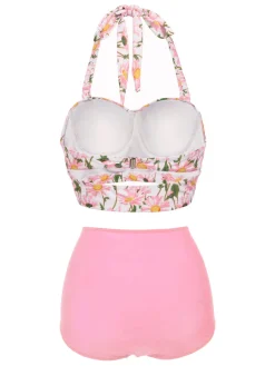 Best Retro Stage 1950s Floral Halter Lace-up Bikini Set