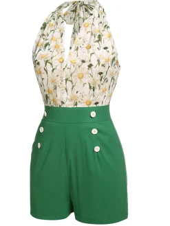 New Retro Stage 1950s Floral Halter Lace-up Vintage Romper
