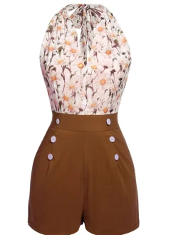 New Retro Stage 1950s Floral Halter Lace-up Vintage Romper