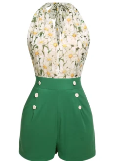Online Retro Stage 1950s Floral Halter Lace-up Vintage Romper