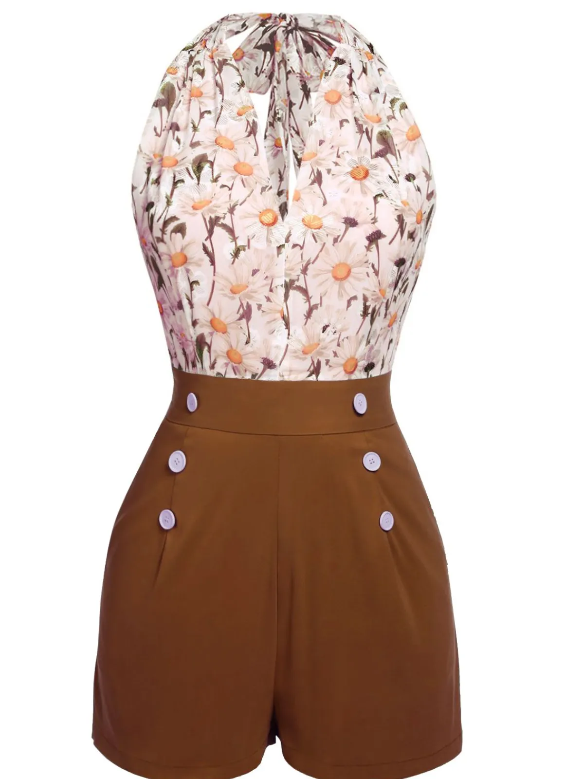 Online Retro Stage 1950s Floral Halter Lace-up Vintage Romper