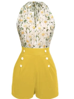 Online Retro Stage 1950s Floral Halter Lace-up Vintage Romper