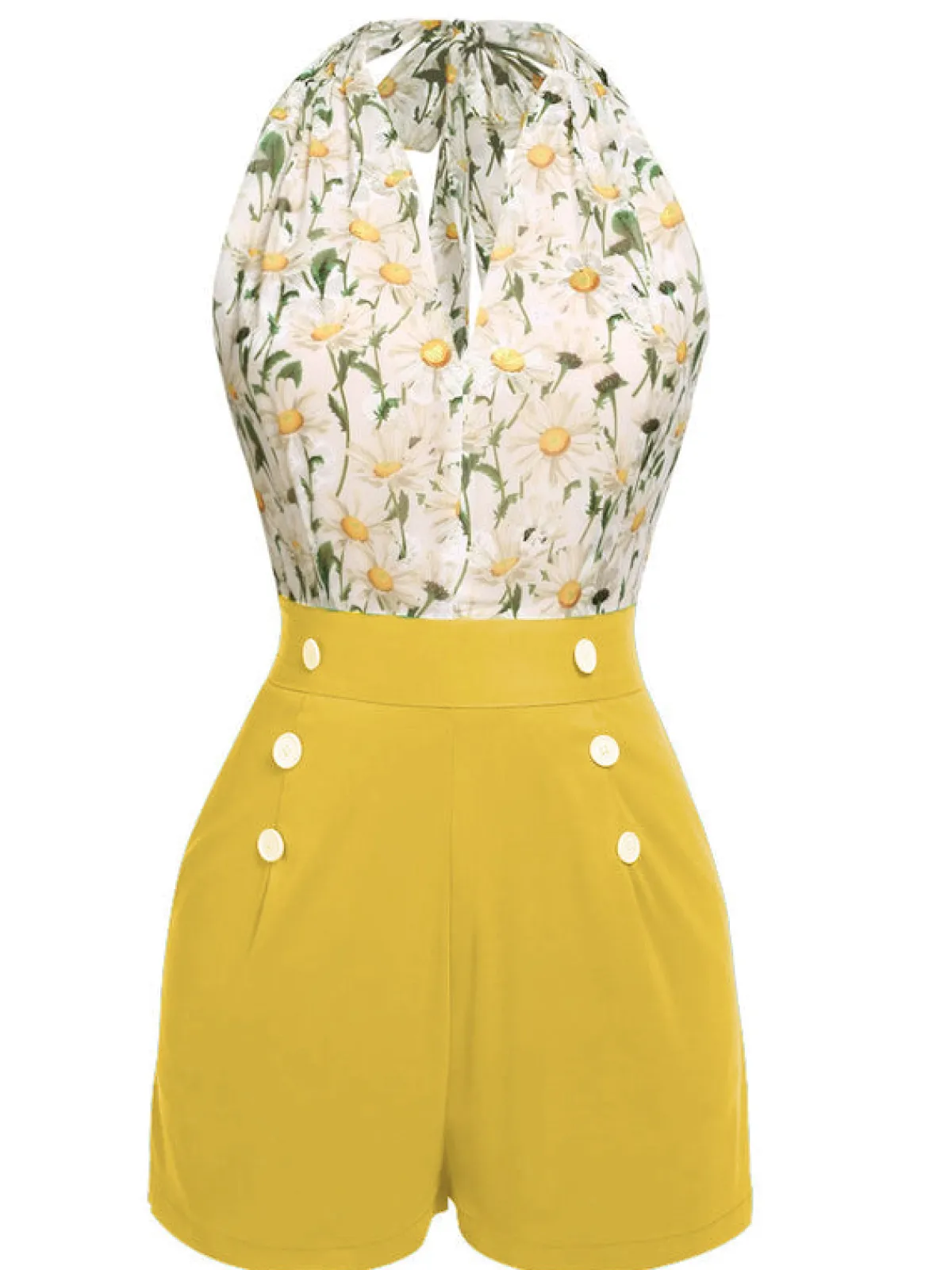 Online Retro Stage 1950s Floral Halter Lace-up Vintage Romper