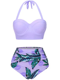 Hot Retro Stage 1950s Floral Halter Patchwork Swimsuit