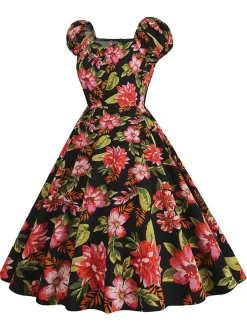 Discount Retro Stage 1950s Floral Hepburn Elegant Vintage Dress Multicolor