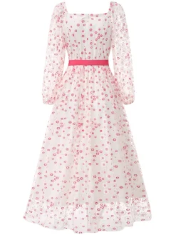 Discount Retro Stage 1940s Floral Illusion Square Neck Belt Dress