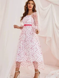 Discount Retro Stage 1940s Floral Illusion Square Neck Belt Dress