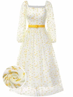Discount Retro Stage 1940s Floral Illusion Square Neck Belt Dress