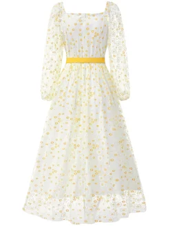 Discount Retro Stage 1940s Floral Illusion Square Neck Belt Dress