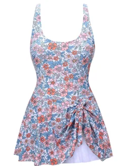 Best Retro Stage 1950s Knot Wide Strap Skirt Swimsuit Floral