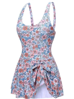 Best Retro Stage 1950s Knot Wide Strap Skirt Swimsuit Floral
