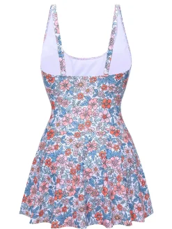 Best Retro Stage 1950s Knot Wide Strap Skirt Swimsuit Floral