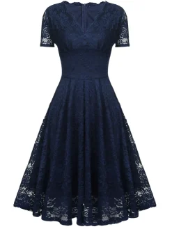 New Retro Stage 1950s Floral Lace Solid Swing Dress