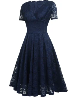 New Retro Stage 1950s Floral Lace Solid Swing Dress