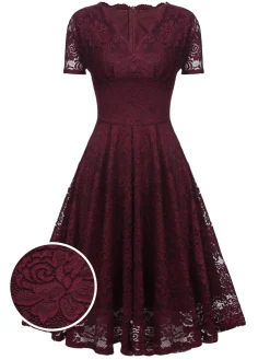 New Retro Stage 1950s Floral Lace Solid Swing Dress