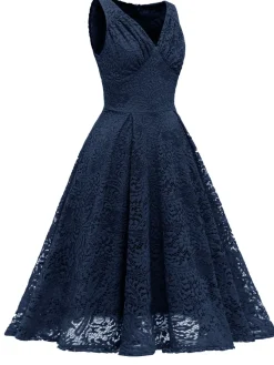 Best Retro Stage 1950s Floral Lace Solid Swing Dress