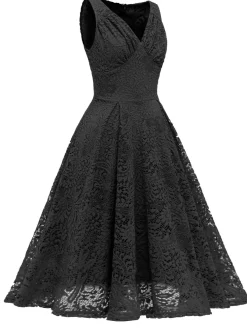 Best Retro Stage 1950s Floral Lace Solid Swing Dress