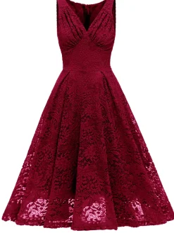 Best Retro Stage 1950s Floral Lace Solid Swing Dress