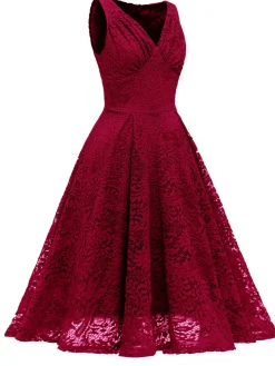 Best Retro Stage 1950s Floral Lace Solid Swing Dress