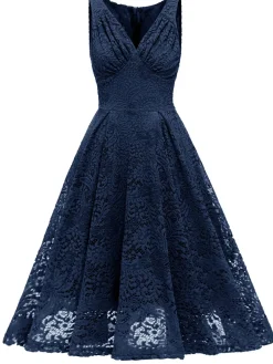 Best Retro Stage 1950s Floral Lace Solid Swing Dress