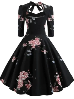 Fashion Retro Stage 1950s Floral Lace Up Swing Dress Black