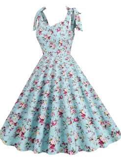 Hot Retro Stage 1950s Floral Lace-Up Shoulder V-Neck Swing Dress