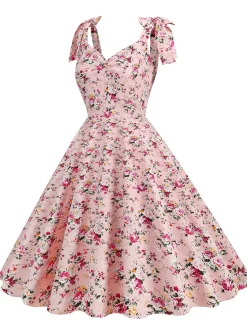 Hot Retro Stage 1950s Floral Lace-Up Shoulder V-Neck Swing Dress