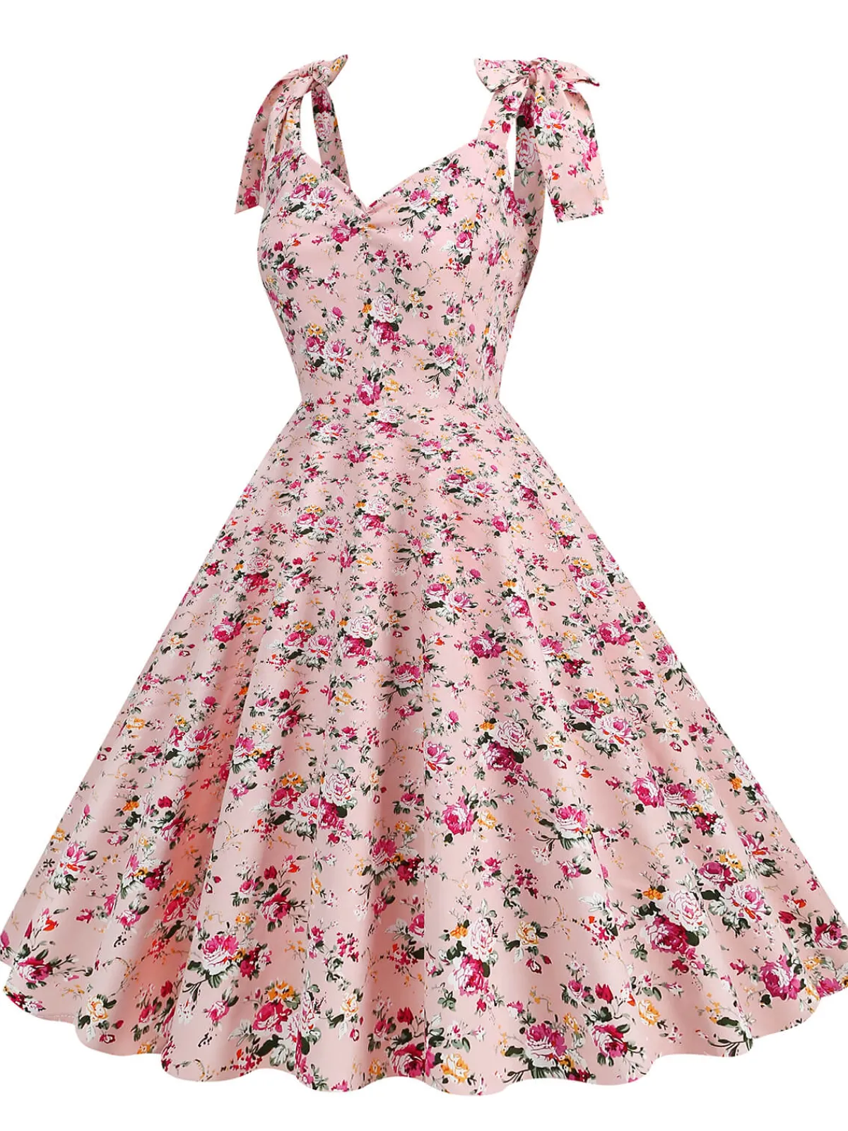Hot Retro Stage 1950s Floral Lace-Up Shoulder V-Neck Swing Dress