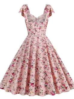 Hot Retro Stage 1950s Floral Lace-Up Shoulder V-Neck Swing Dress