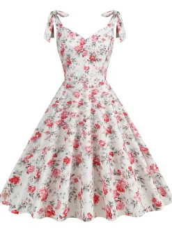 Hot Retro Stage 1950s Floral Lace-Up Shoulder V-Neck Swing Dress