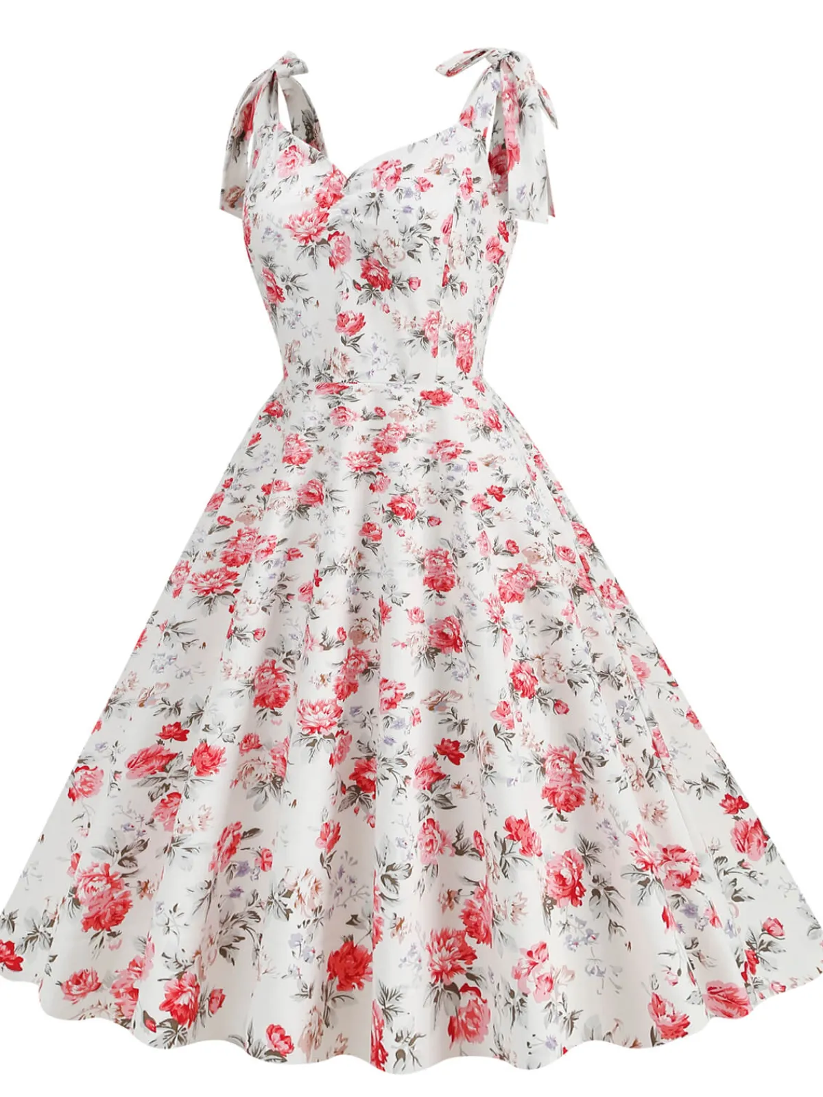 Hot Retro Stage 1950s Floral Lace-Up Shoulder V-Neck Swing Dress