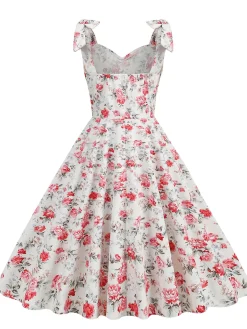 Hot Retro Stage 1950s Floral Lace-Up Shoulder V-Neck Swing Dress