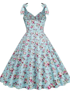 Hot Retro Stage 1950s Floral Lace-Up Shoulder V-Neck Swing Dress