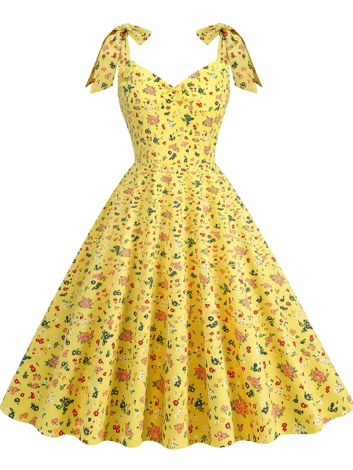Hot Retro Stage 1950s Floral Lace-Up Shoulder V-Neck Swing Dress