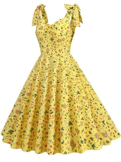 Hot Retro Stage 1950s Floral Lace-Up Shoulder V-Neck Swing Dress
