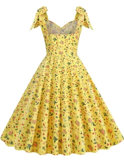 Hot Retro Stage 1950s Floral Lace-Up Shoulder V-Neck Swing Dress