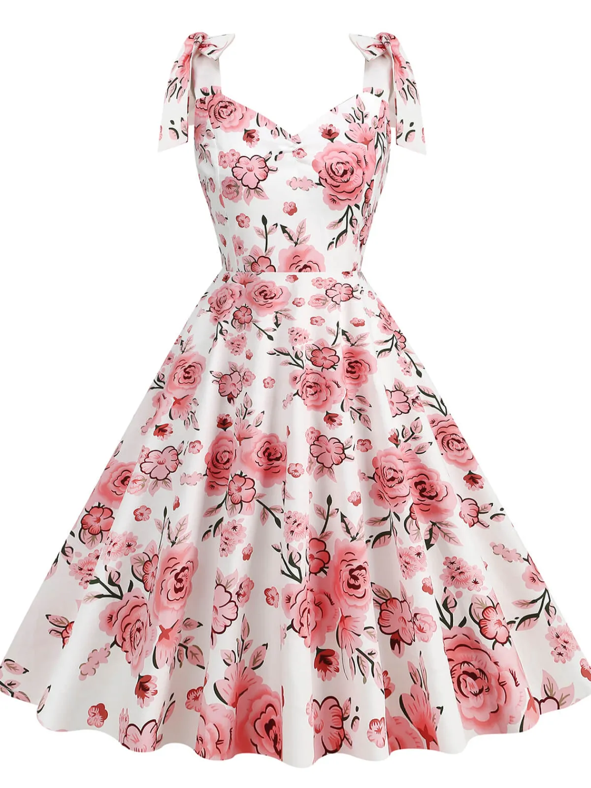 Hot Retro Stage 1950s Floral Lace-Up Shoulder V-Neck Swing Dress