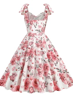Hot Retro Stage 1950s Floral Lace-Up Shoulder V-Neck Swing Dress